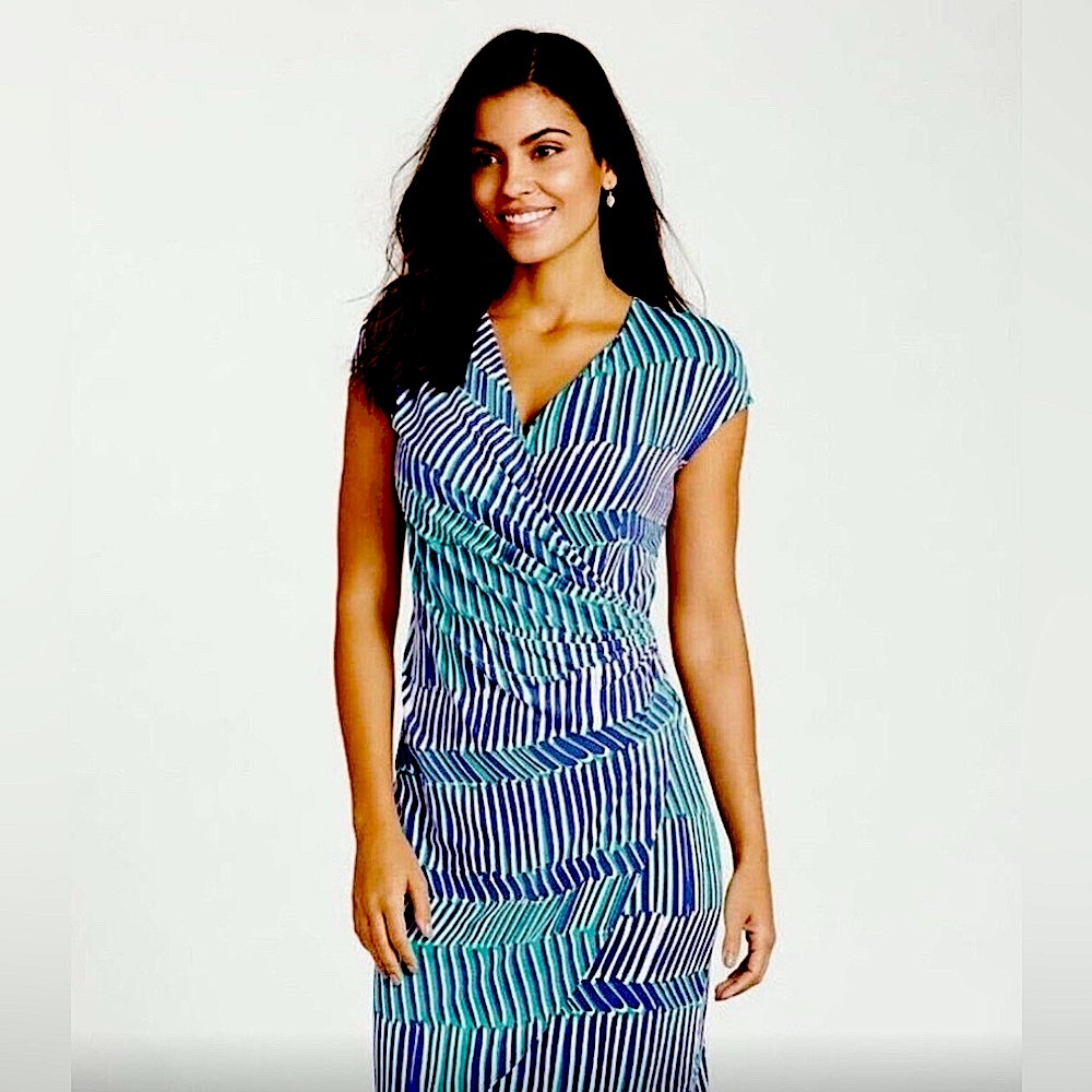 TOMMY BAHAMA BLUE STRIPED FAUX WRAP DRESS L